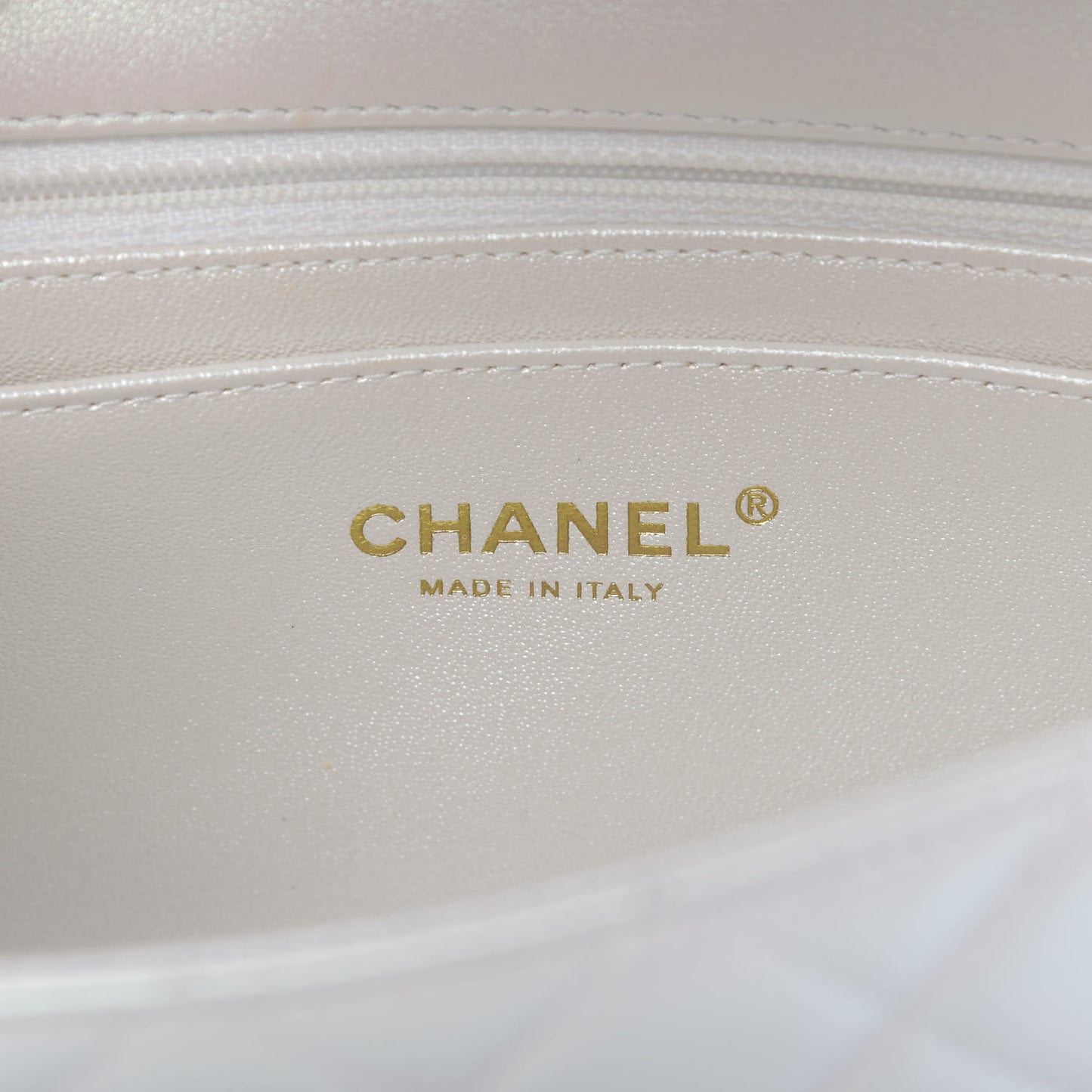 Iridescent Calfskin Quilted Mini Rectangular Flap White