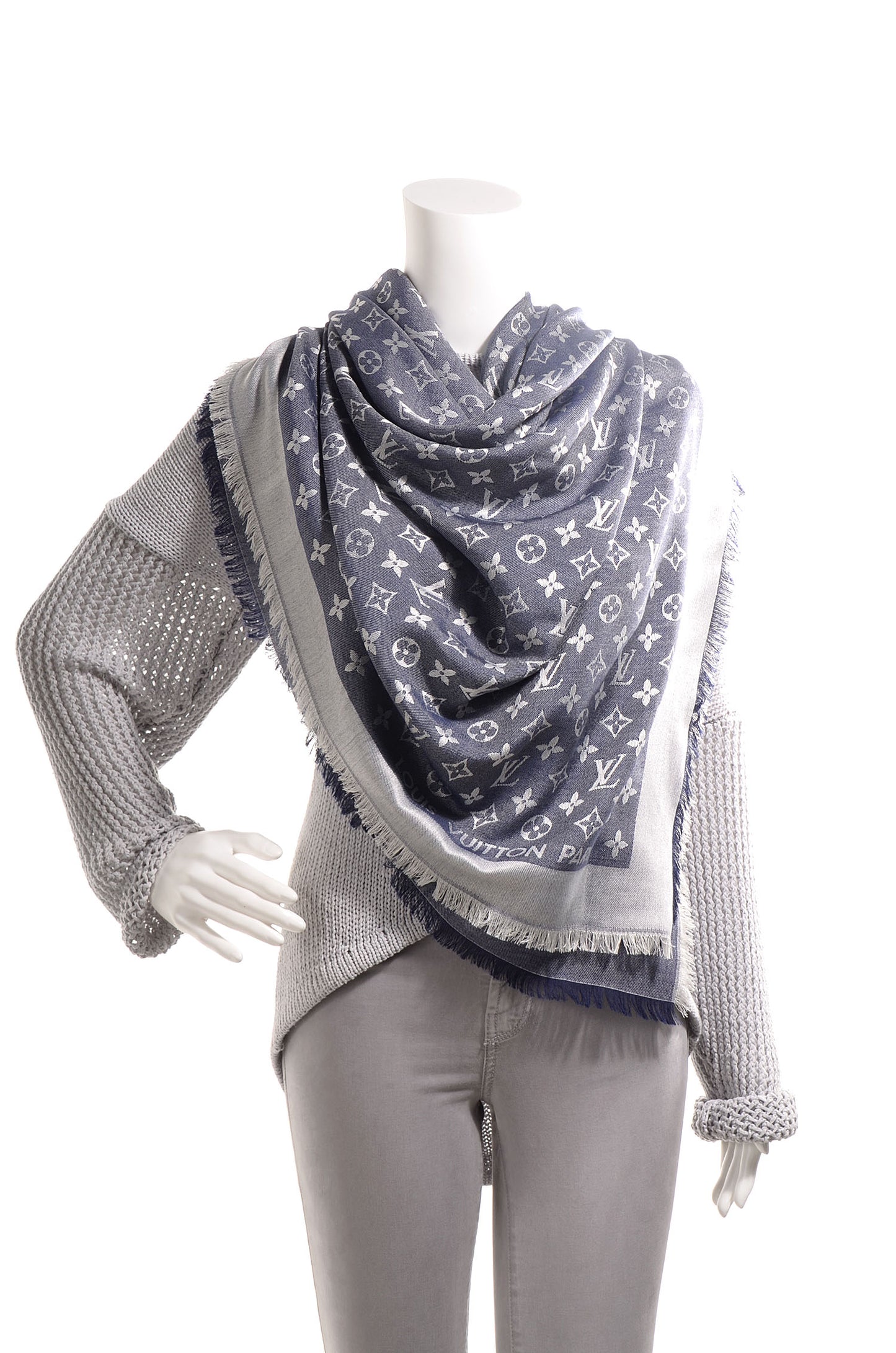 Silk Wool Monogram Denim Shawl Blue