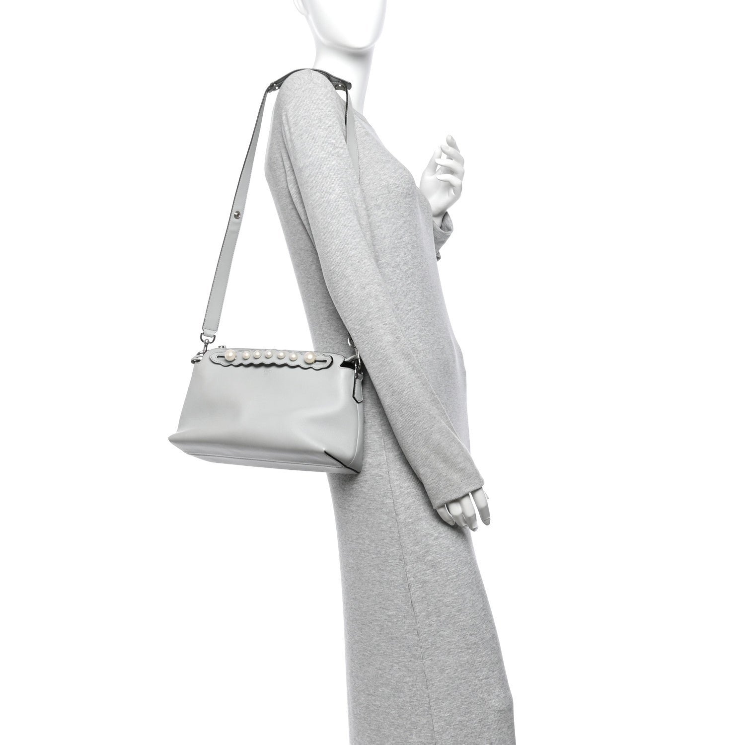 Fendi Vitello Dolce Pearl Scalloped Studded Medium By The Way Boston Bag Grigio Perla 2 of 10