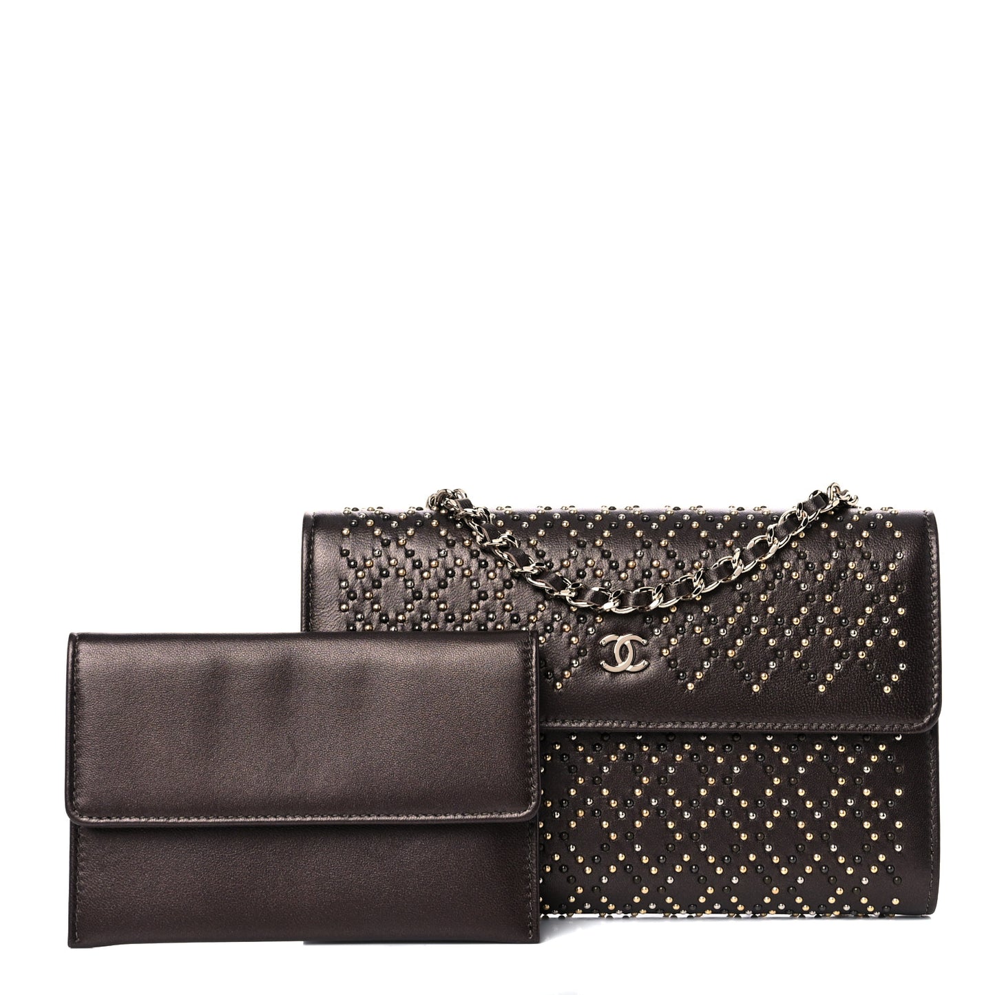 Lambskin Studded Wallet on Removable Chain Bronze