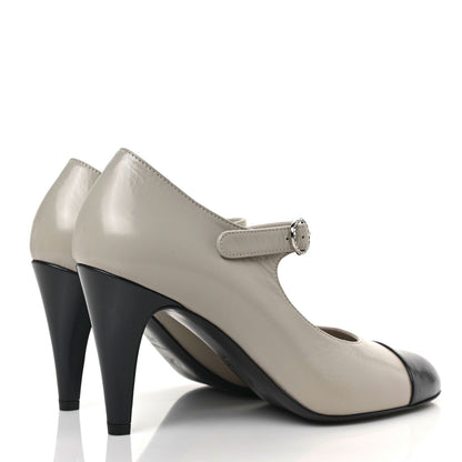 Chanel Shiny Goatskin Cap Toe Mary Jane Pumps 37.5 Black Dark Grey 4 of 8