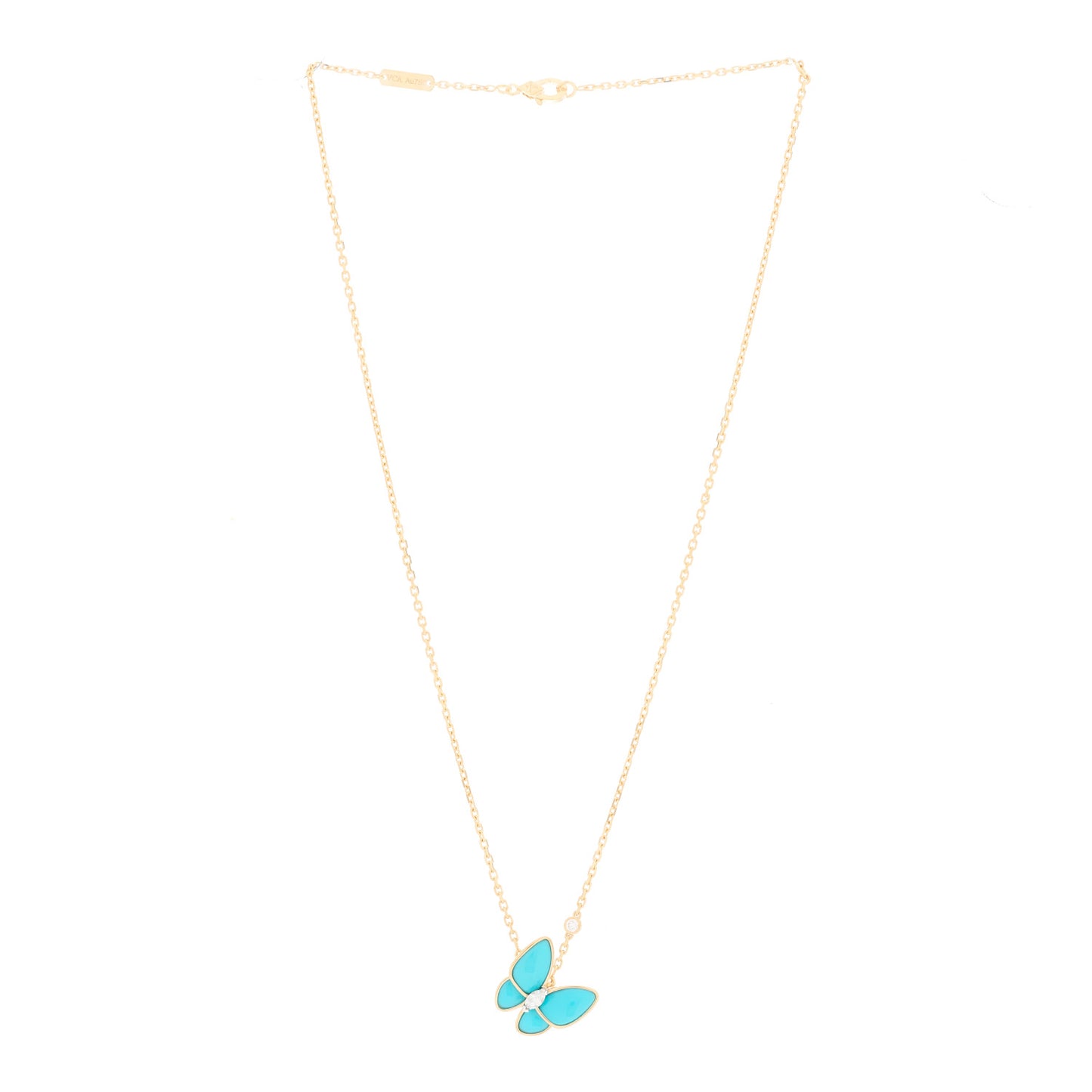 18K Yellow Gold Diamond Turquoise Two Butterfly Pendant Necklace