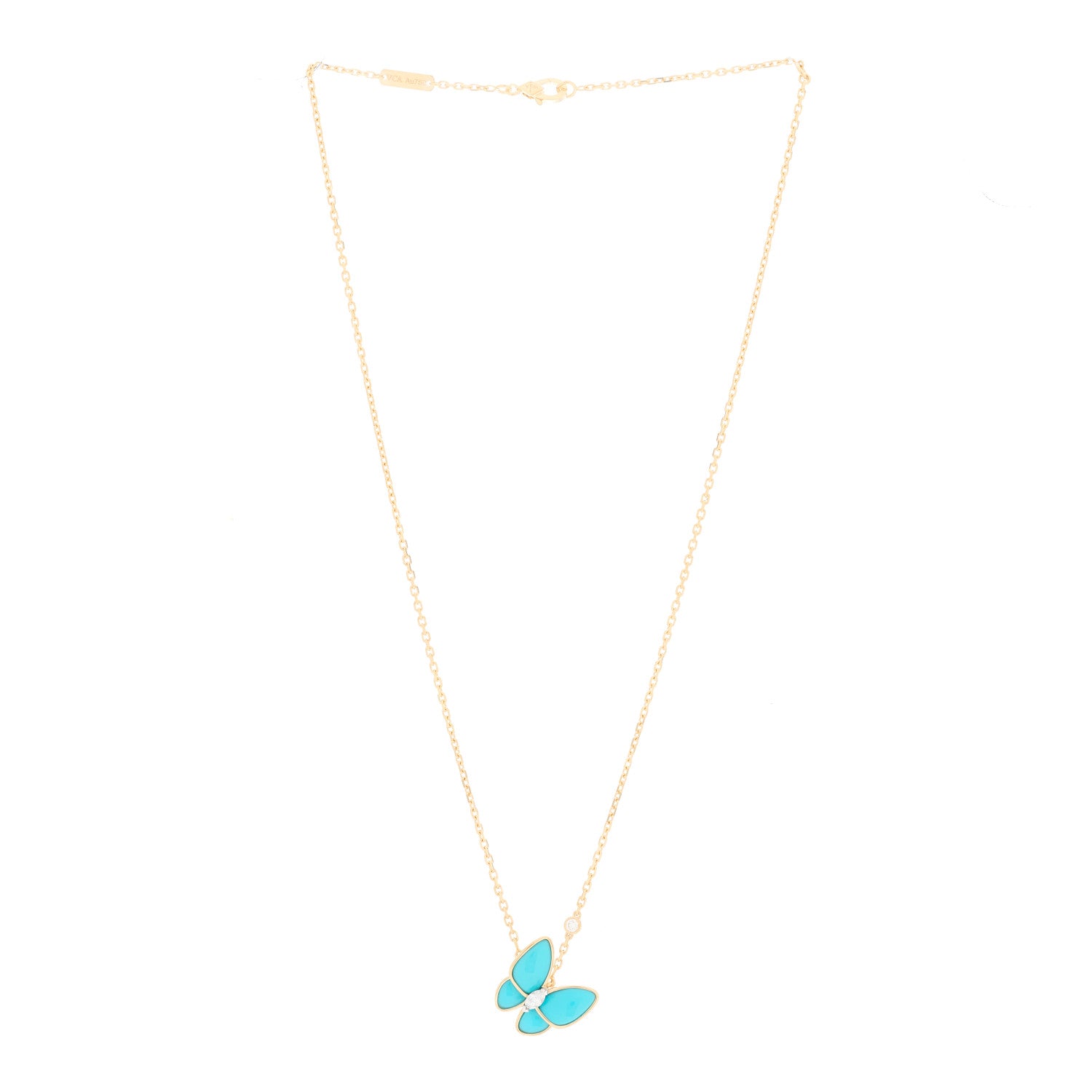 Van Cleef & Arpels 18K Yellow Gold Diamond Turquoise Two Butterfly Pendant Necklace 2 of 4
