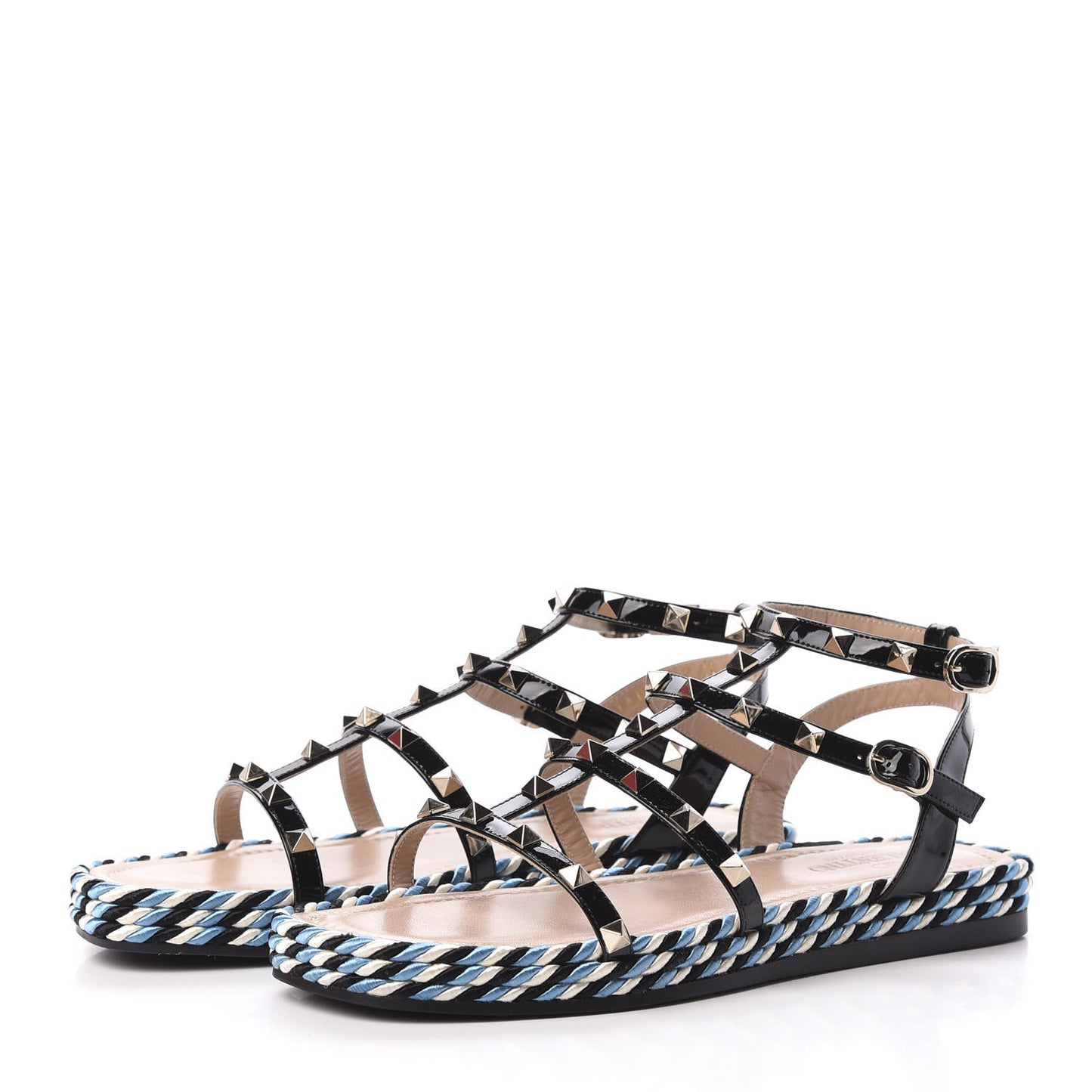 Patent Rockstud Torchon Espadrille Caged 30mm Flat Sandals 38 Black