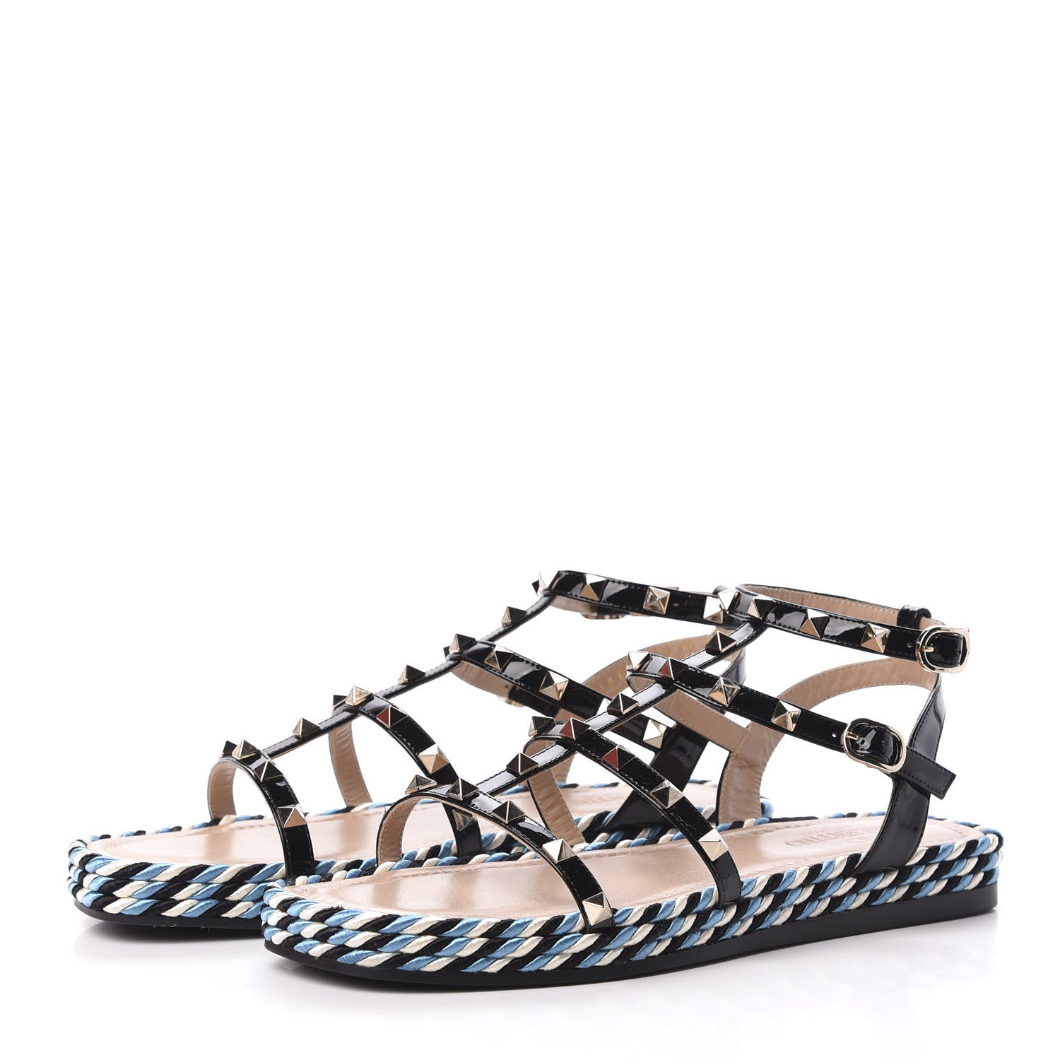Valentino Garavani Patent Rockstud Torchon Espadrille Caged 30mm Flat Sandals 38 Black 2 of 8