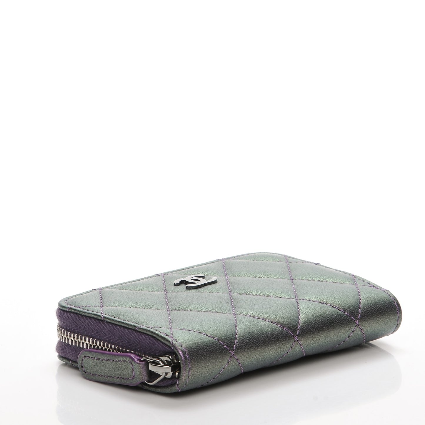 Metallic Lambskin Quilted Zip Around Coin Purse Wallet Dark Purple