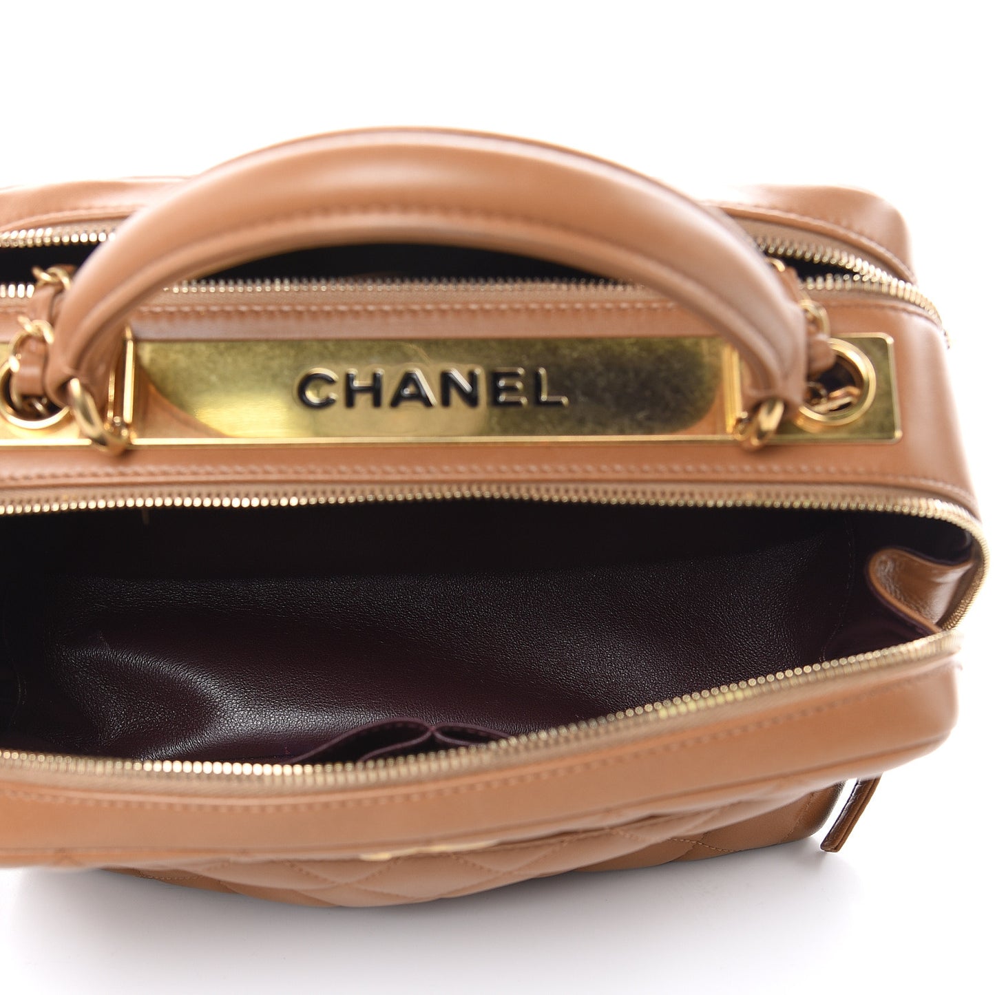 Lambskin Quilted Medium Trendy CC Bowling Bag Camel