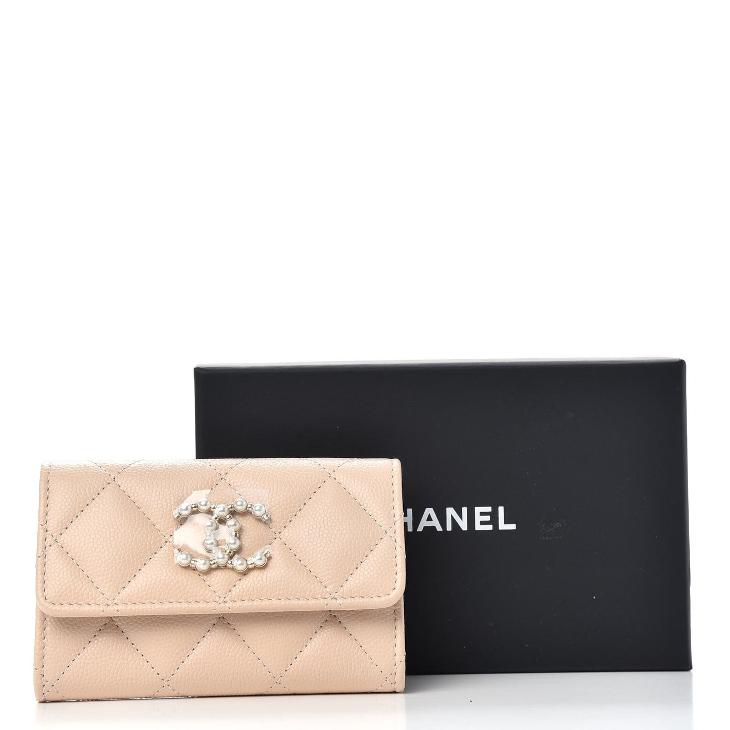 Caviar Pearl Quilted Coco Candy Flap Card Holder Beige