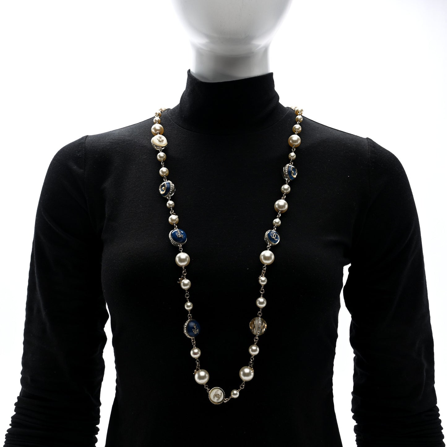 Pearl Crystal CC Nautical Long Necklace Gold Blue