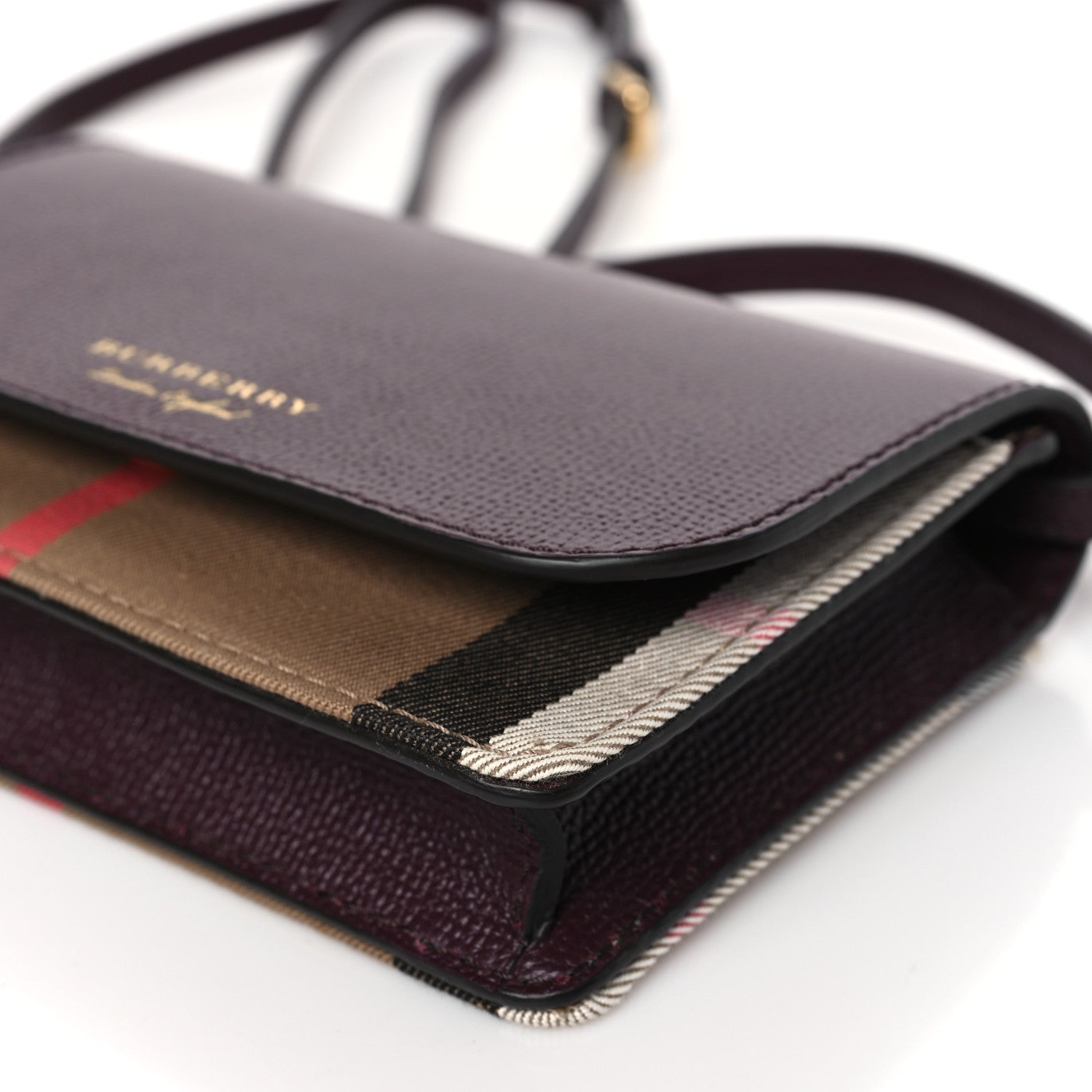 Burberry Grained Calfskin House Check Tartan Mix Hampshire Wallet On Chain Burgundy 8 of 8