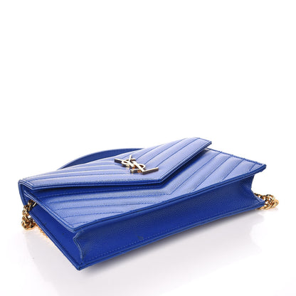 Saint Laurent Grain De Poudre Matelasse Chevron Monogram Envelope Chain Wallet Blue Majorelle 4 of 8