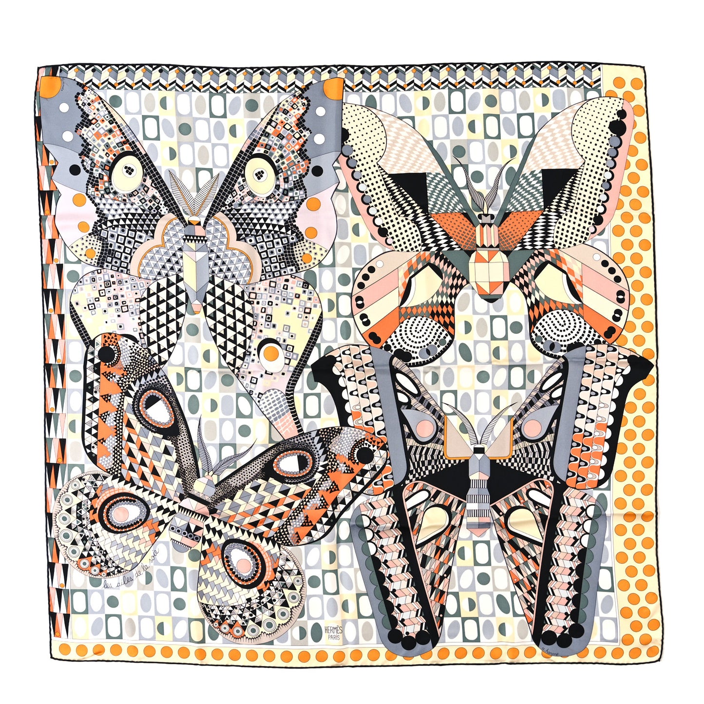 Silk Les Ailes De La Soie Scarf 90 Jaune Paille Black Orange