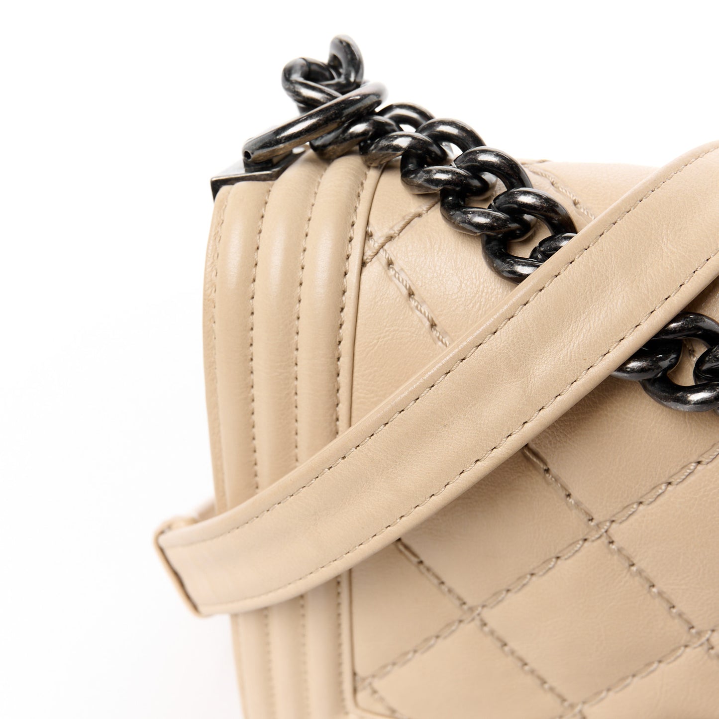 Calfskin Quilted Double Stitch Medium Boy Flap Beige