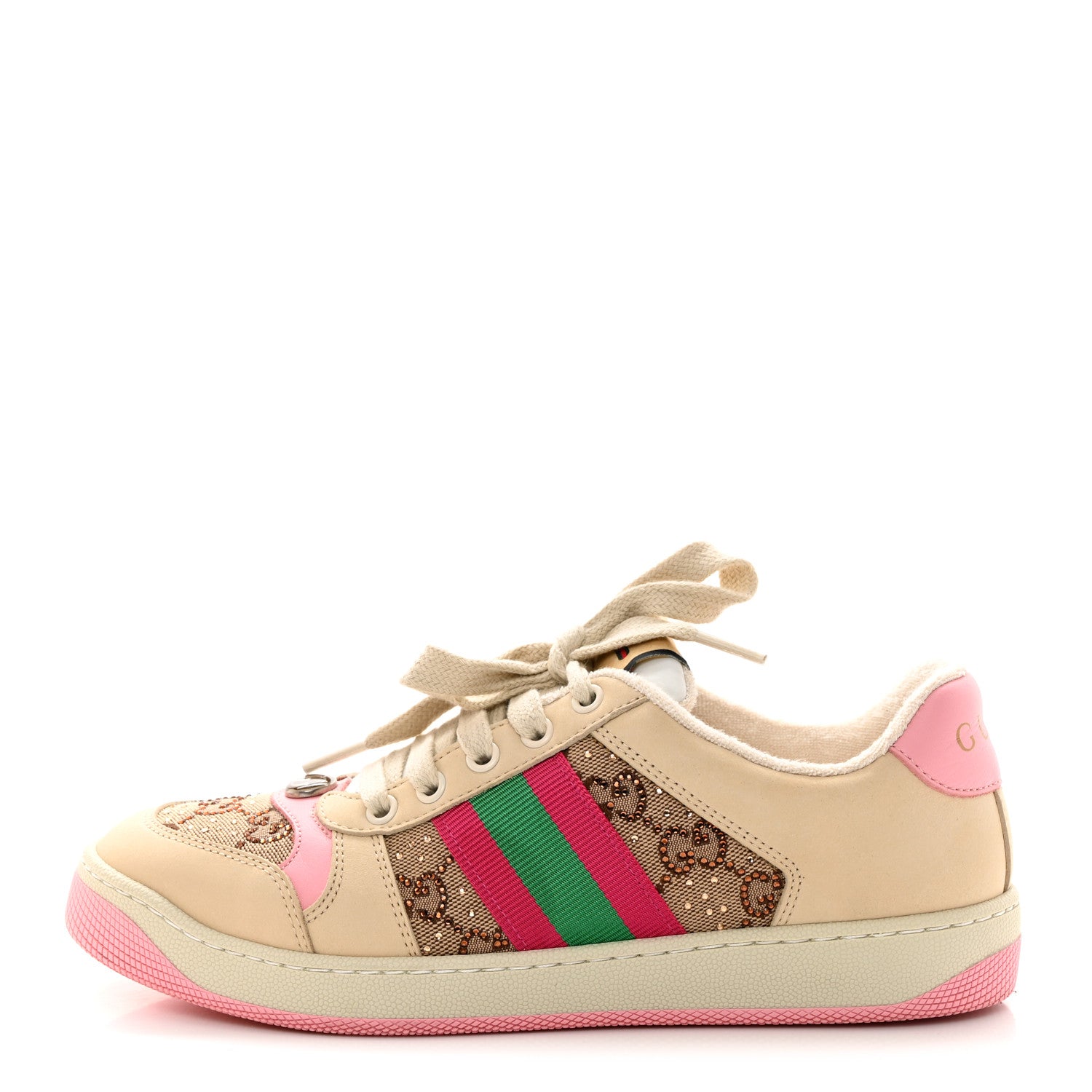 Gucci Calfskin GG Supreme Crystals Web Screener Sneakers 37.5 Beige Ebony Wild Rose 1 of 9