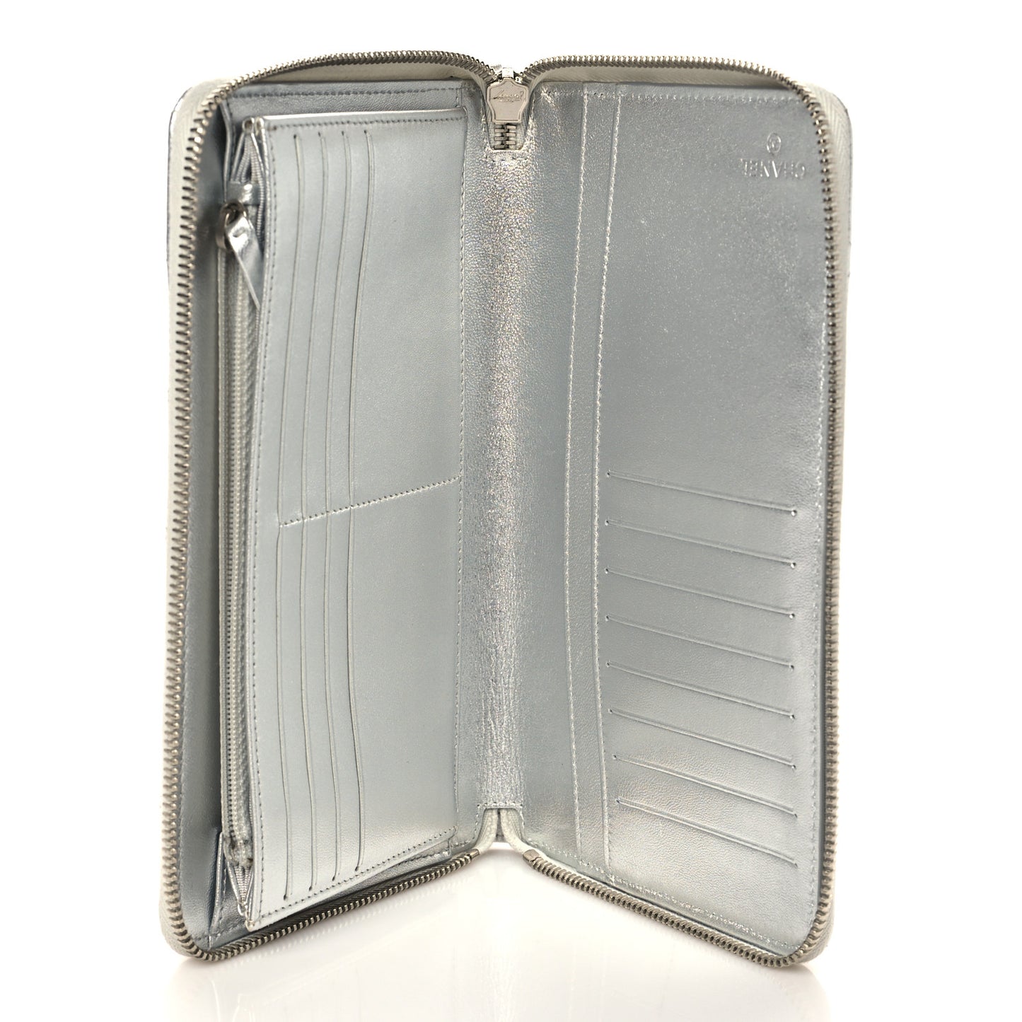 Iridescent Lambskin Quilted Large Zip Around Organizer Wallet Silver