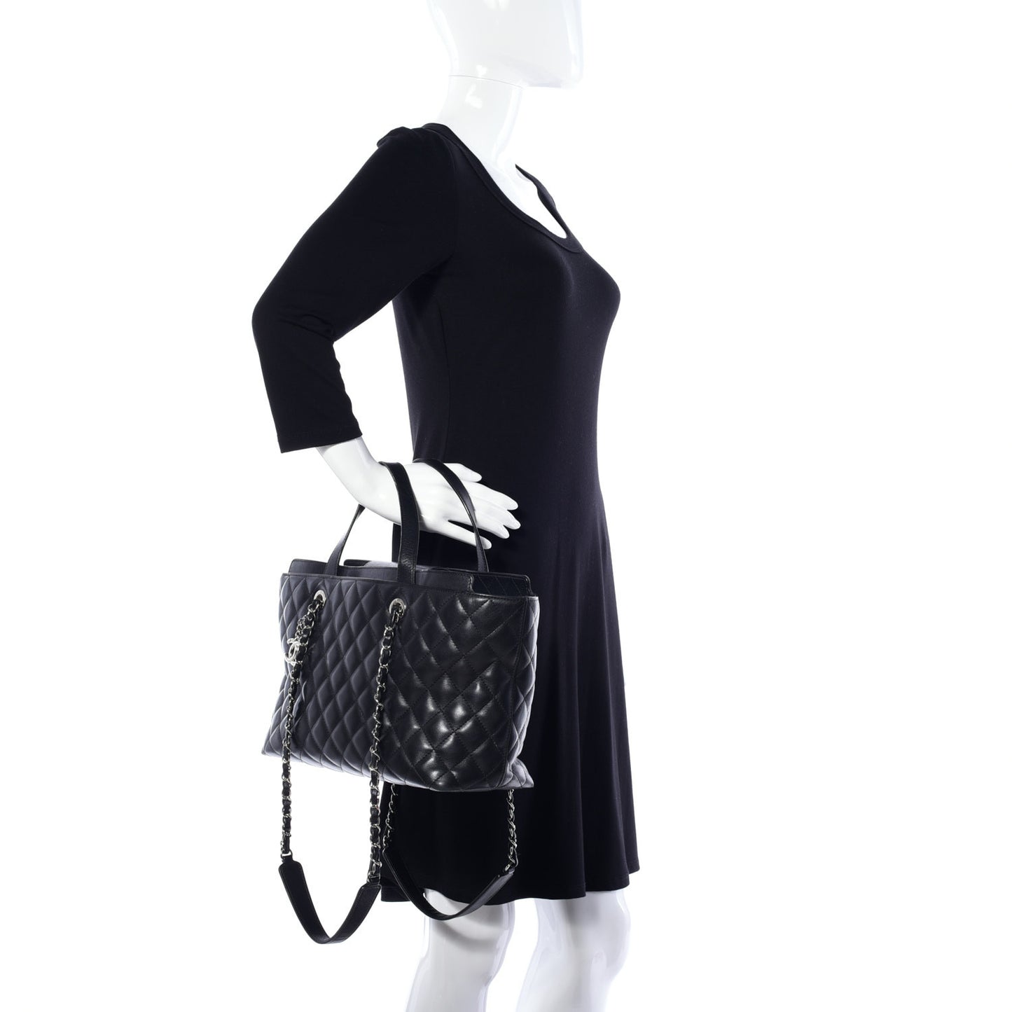 Calfskin Quilted Large Shopping Tote Black