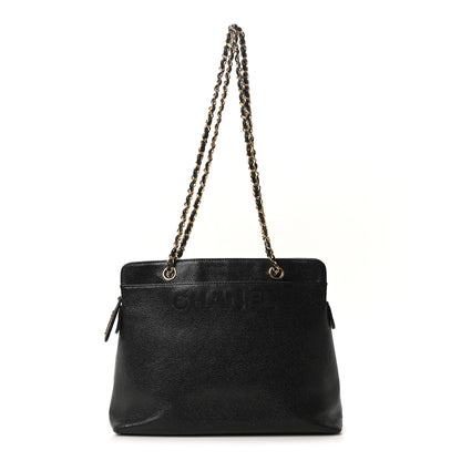 Chanel Caviar Embroidered Logo Shoulder Bag Black 1 of 10