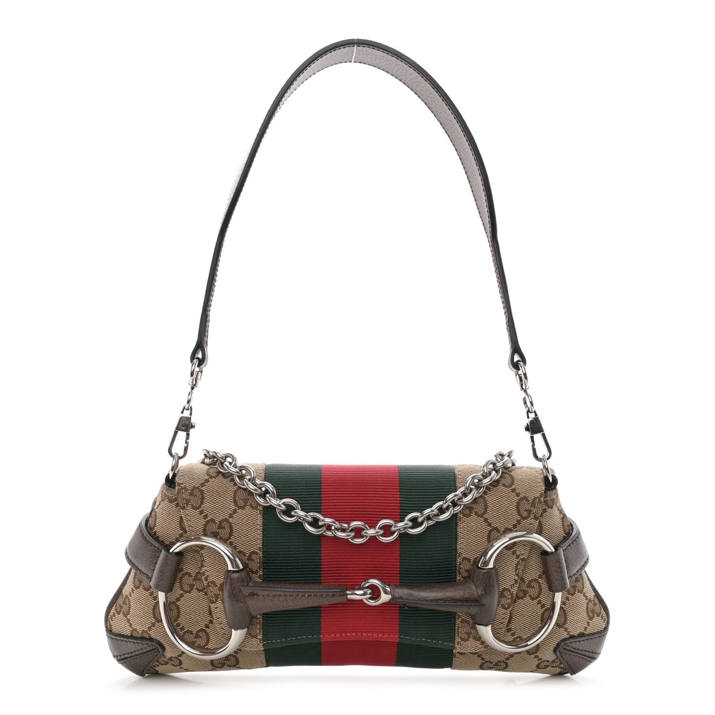 Monogram Textured Dollar Calfskin Heavy Grosgrain Web Small Maxi Horsebit Chain Shoulder Bag Beige Ebony New Acero