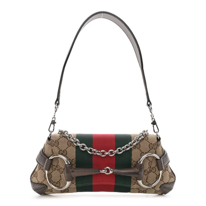 Gucci Monogram Textured Dollar Calfskin Heavy Grosgrain Web Small Maxi Horsebit Chain Shoulder Bag Beige Ebony New Acero 1 of 11