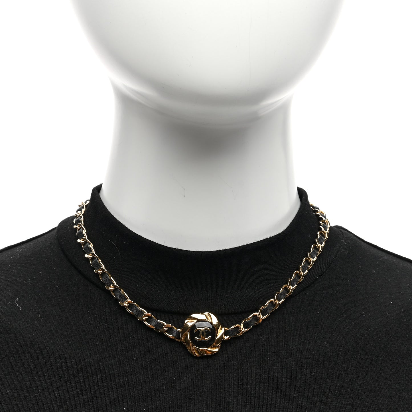 Metal Lambskin Chain CC Choker Necklace Black Gold