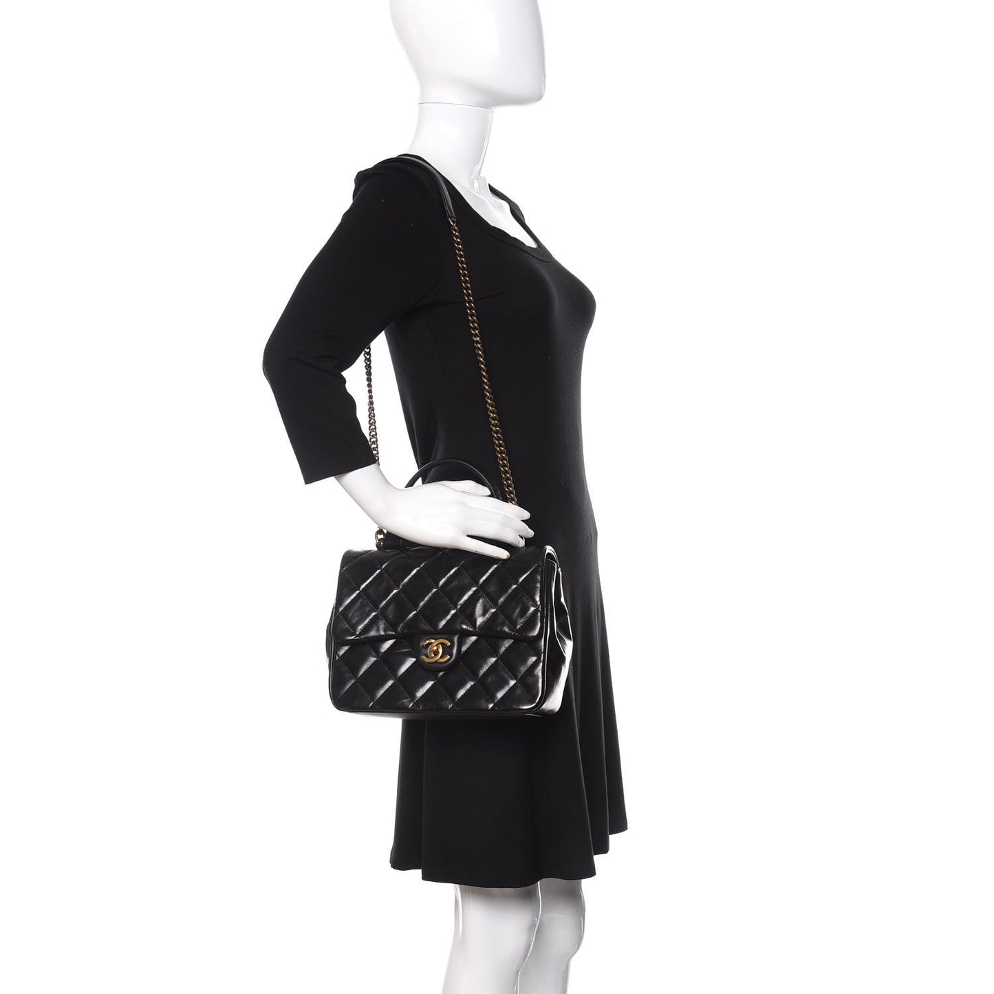 Glazed Calfskin Quilted Medium Gold Bar Top Handle Flap Black