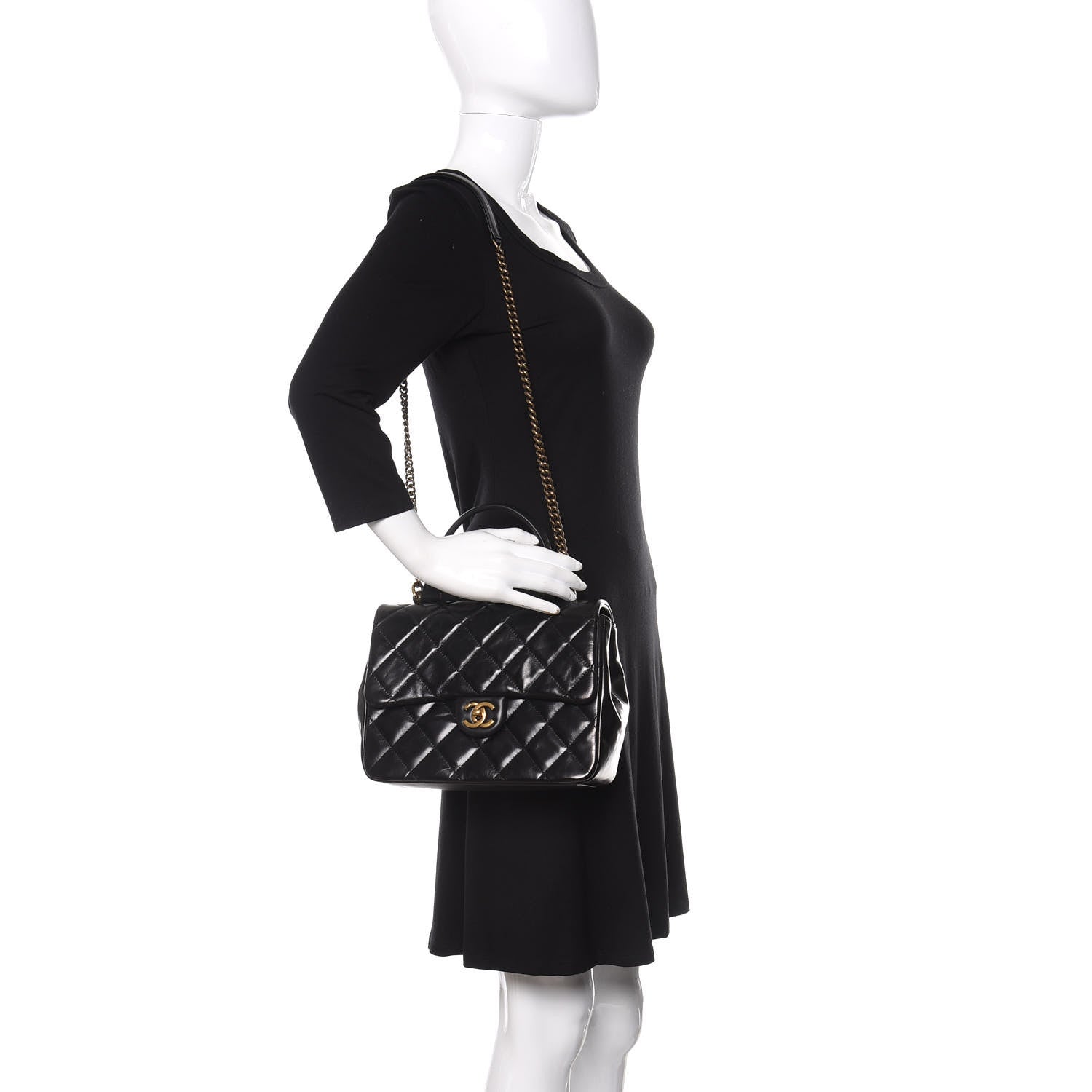 Chanel Glazed Calfskin Quilted Medium Gold Bar Top Handle Flap Black 2 of 12