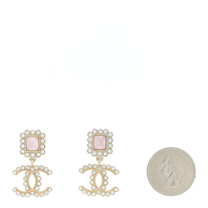 Chanel Crystal Pearl CC Drop Earrings Pink Gold 2 of 4