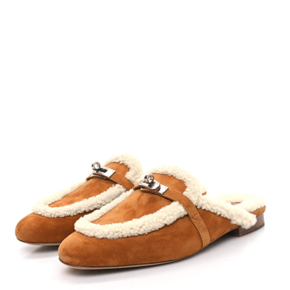 Hermes Suede Goatskin Woolskin Womens Oz Mules 41 Naturel 3 of 8