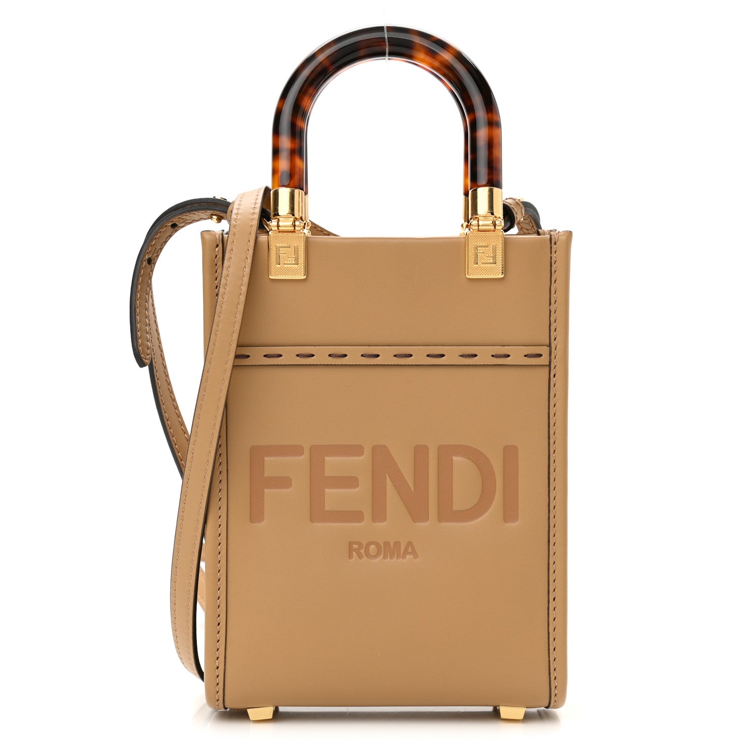 Fendi Vitello King Plexiglass Logo Embossed Mini Fendi Sunshine Shopper Tote Miele Scuro 1 of 10