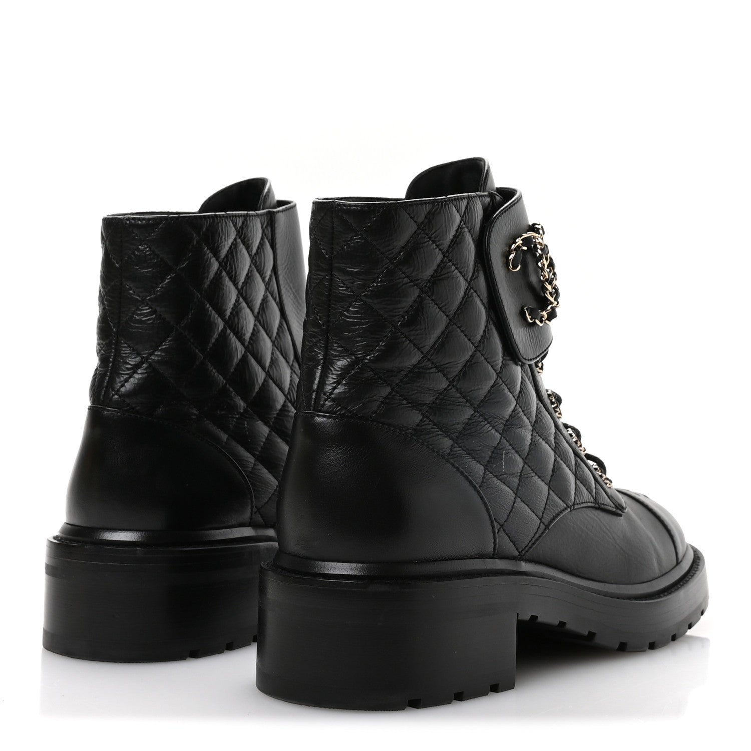 Chanel Shiny Goatskin Calfskin Quilted Lace Up Combat Boots 40.5 Black 4 of 7