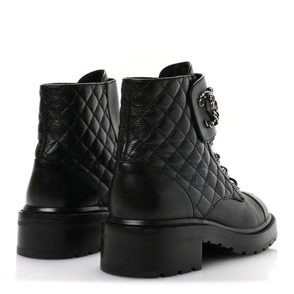 Chanel Shiny Goatskin Calfskin Quilted Lace Up Combat Boots 40.5 Black 4 of 7