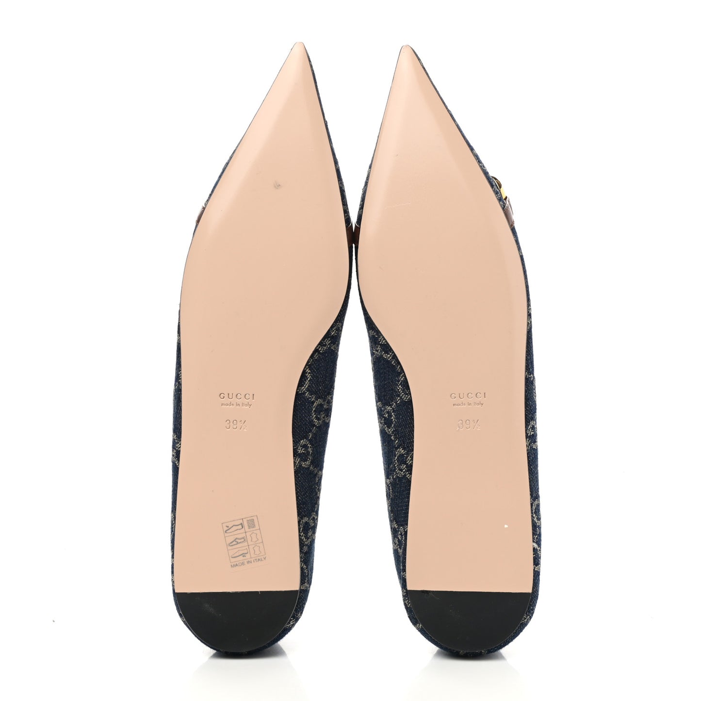 New Denim GG Monogram Nappa Deva Horsebit Chain Embellished Flats 39.5 Blue Tea Cuir Epilog