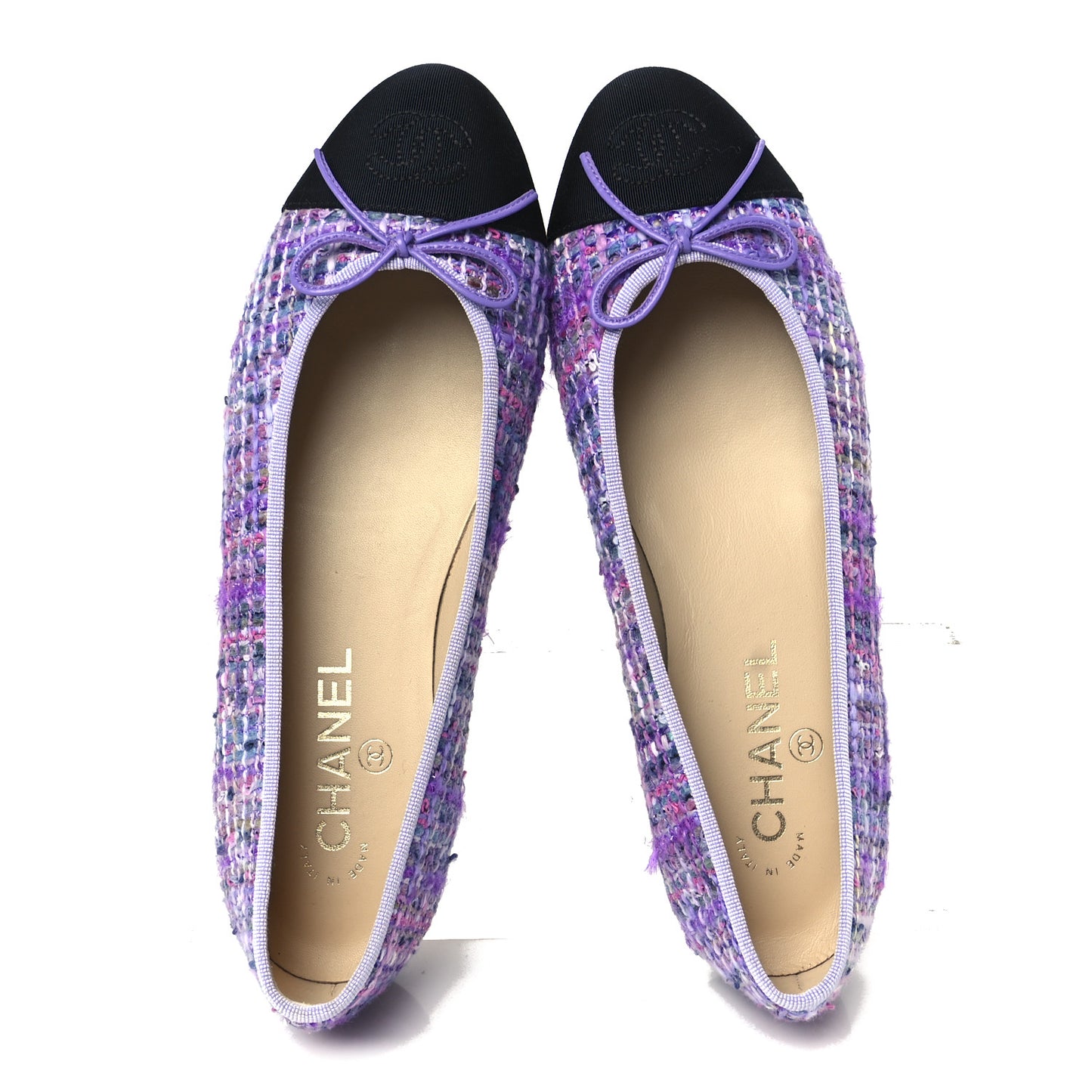 Tweed Grosgrain Cap Toe Ballerina Flats 38.5 Purple Black