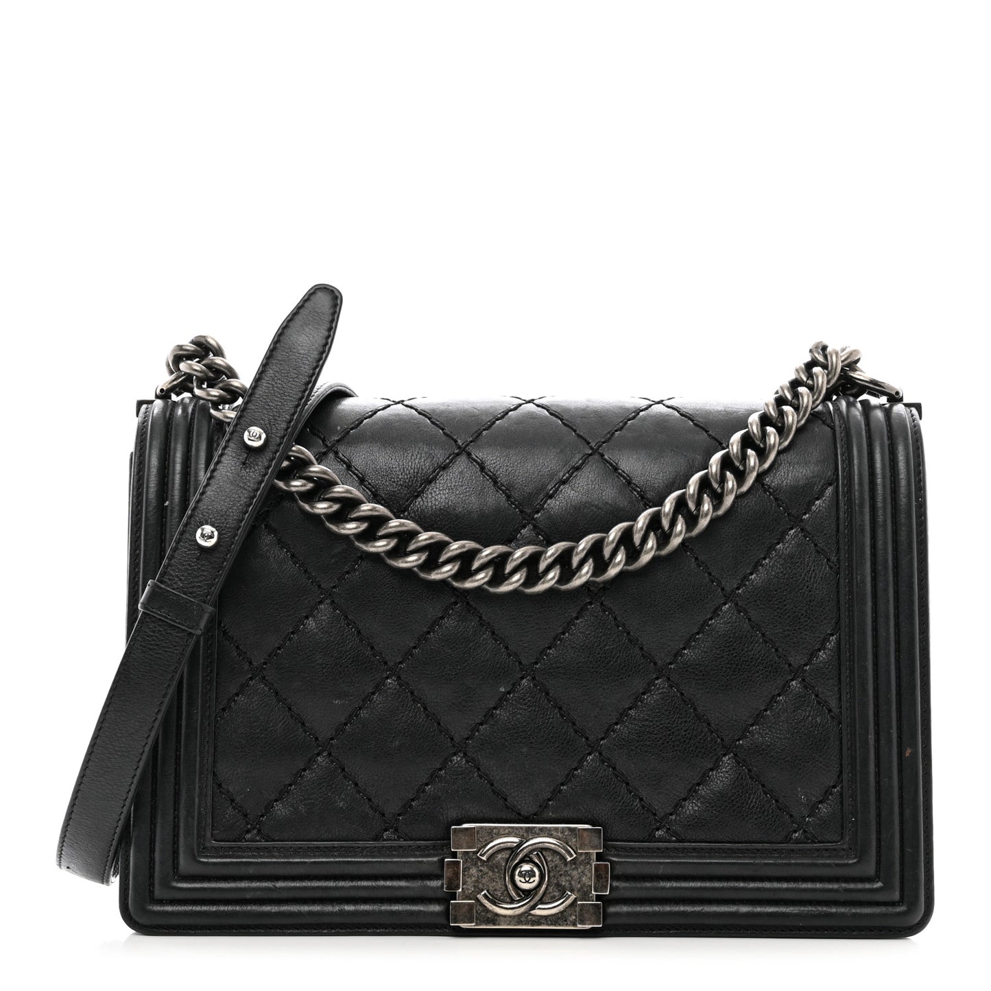 Calfskin Quilted Double Stitch New Medium Boy Flap Black