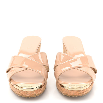Jimmy Choo Patent Prima Cork Wedge Sandals 38.5 Nude 2 of 7