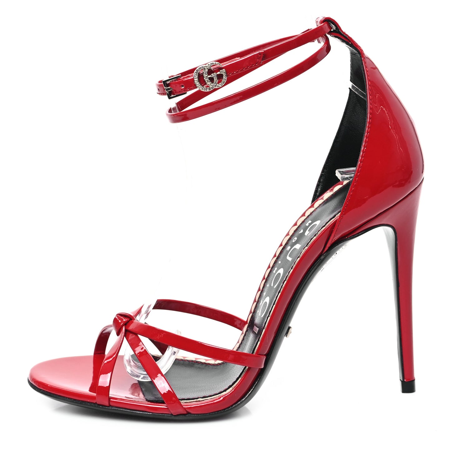 Patent Crystal Double G Ankle Wrap Sandals 36 Red