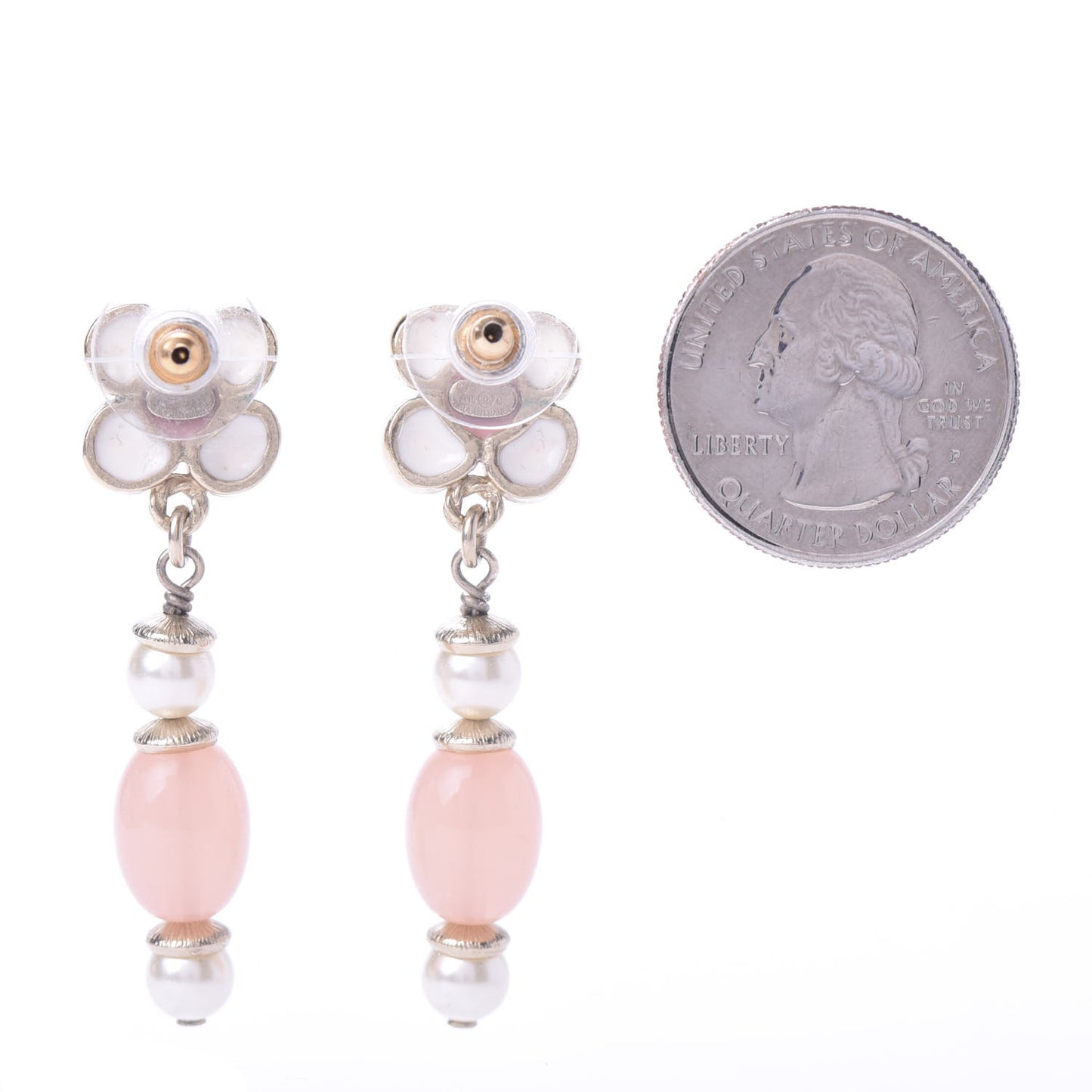 Resin Pearl CC Flower Drop Earrings Pink Beige