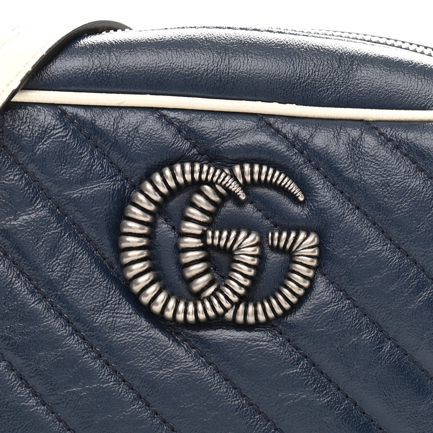 Gucci Vintage Effect Calfskin Matelasse Diagonal Small Torchon GG Marmont Chain Shoulder Bag Blue Agata Mystic White 8 of 11