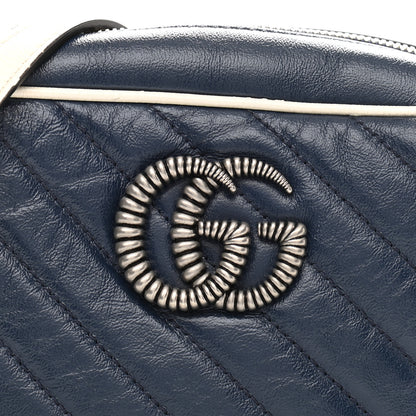 Gucci Vintage Effect Calfskin Matelasse Diagonal Small Torchon GG Marmont Chain Shoulder Bag Blue Agata Mystic White 8 of 11