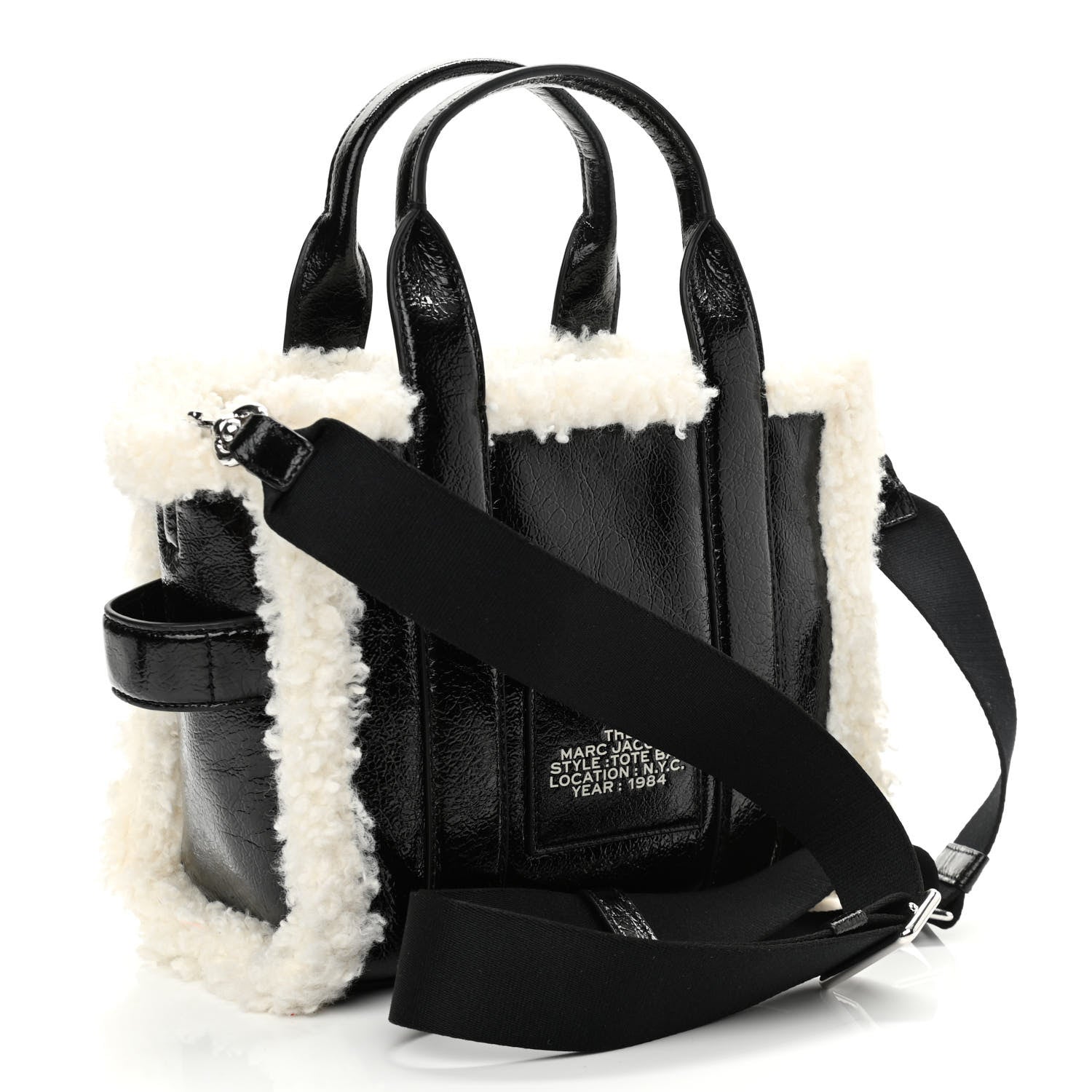 Marc Jacobs Shiny Calfskin Faux Shearling Small The Traveler Tote Bag Black 3 of 10
