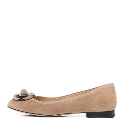 Chanel Suede Patent Camellia CC Ballerina Flat 39 Beige Black 1 of 10