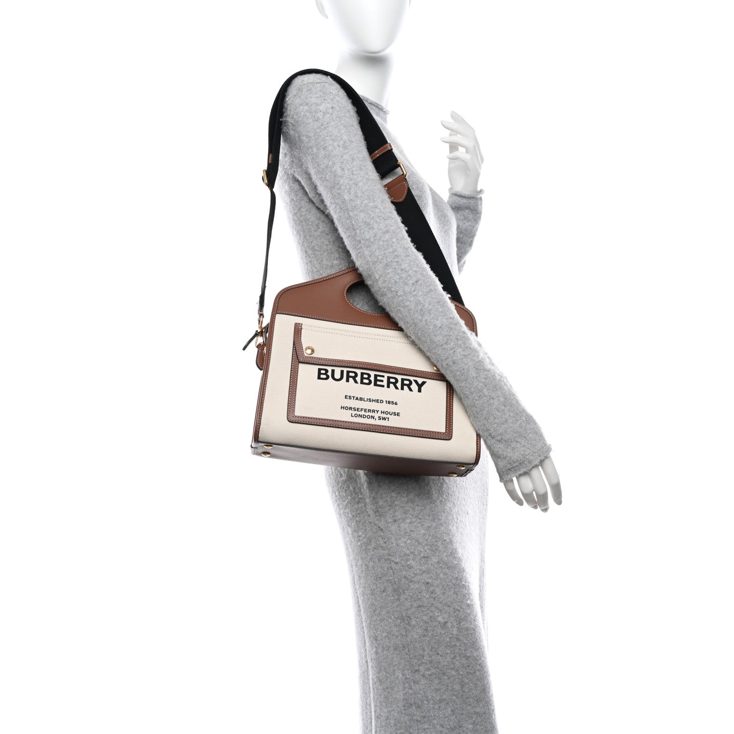 Burberry Canvas Smooth Calfskin Two Tone Small Pocket Bag Natural Malt Brown 3 of 10