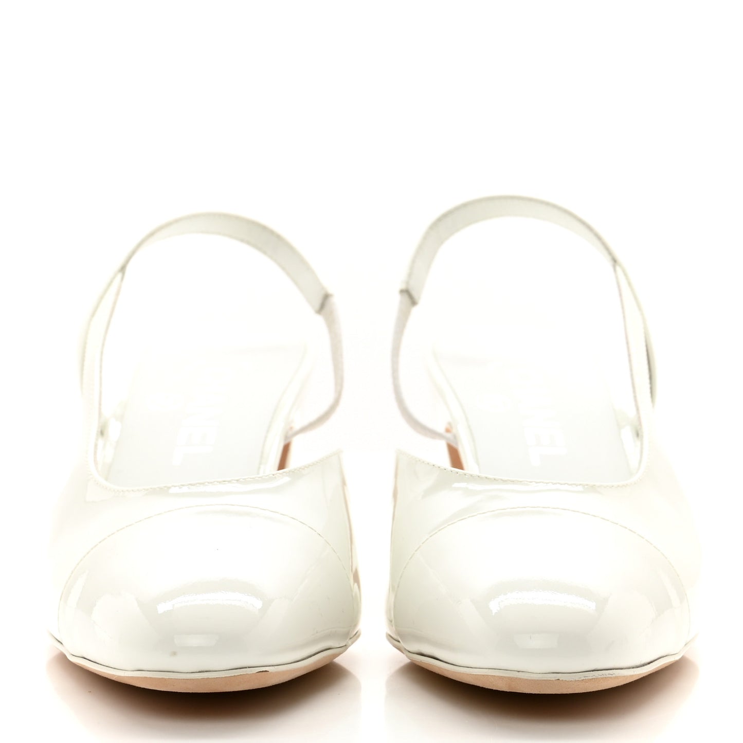 Patent Calfskin Cap Toe CC Slingback Pumps 38 White