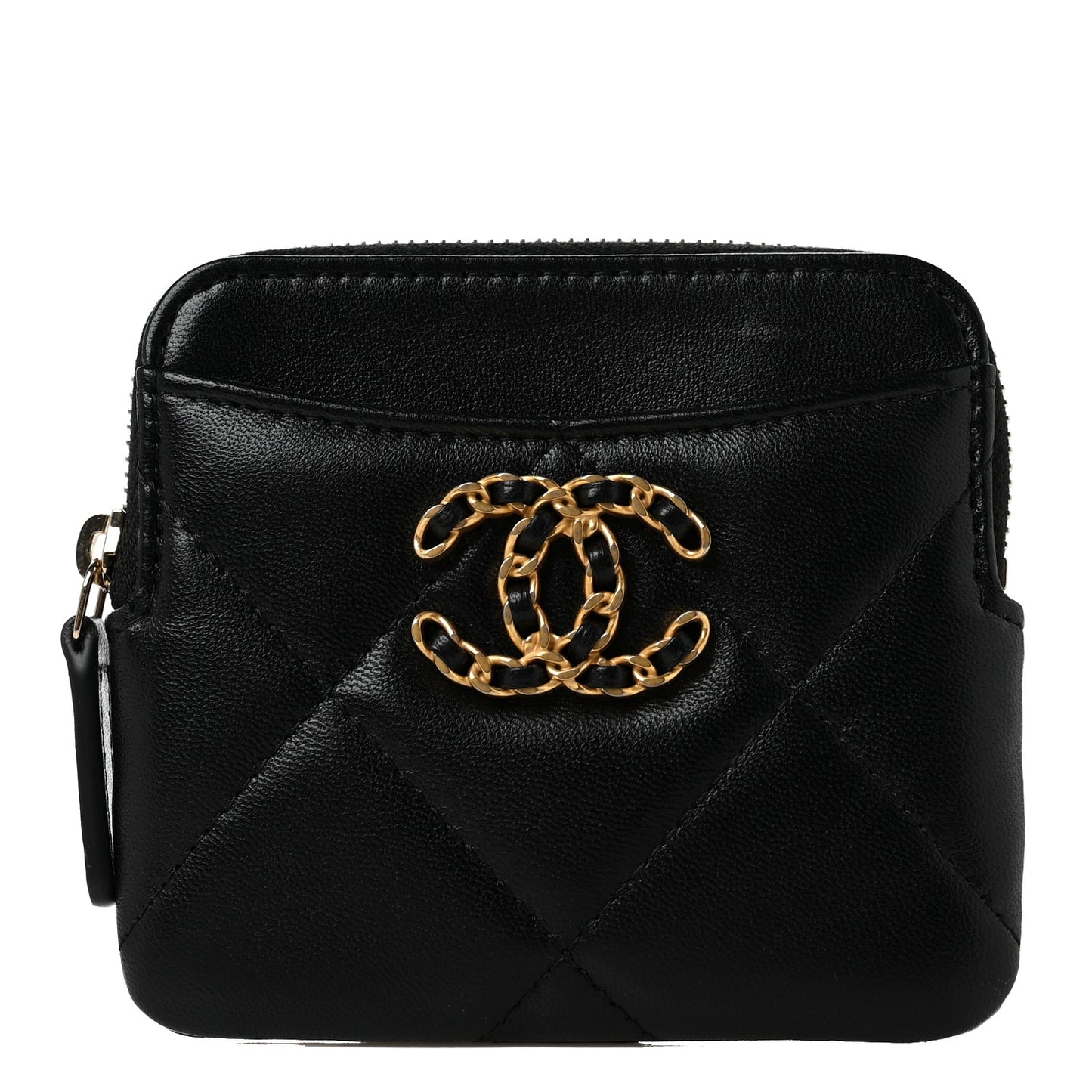 Lambskin Quilted Chanel 19 Zip Card Holder Wallet Black