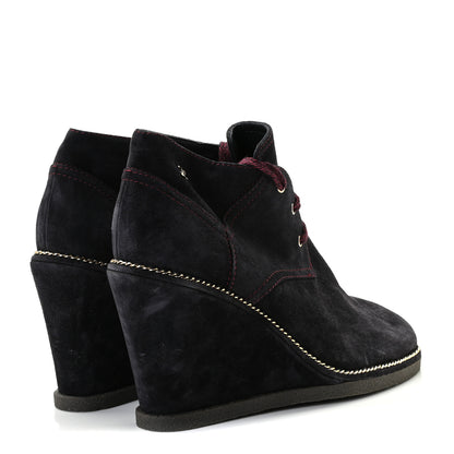 Chanel Suede Calfskin Lace Up Wedge Booties 39.5 Dark Blue 3 of 7