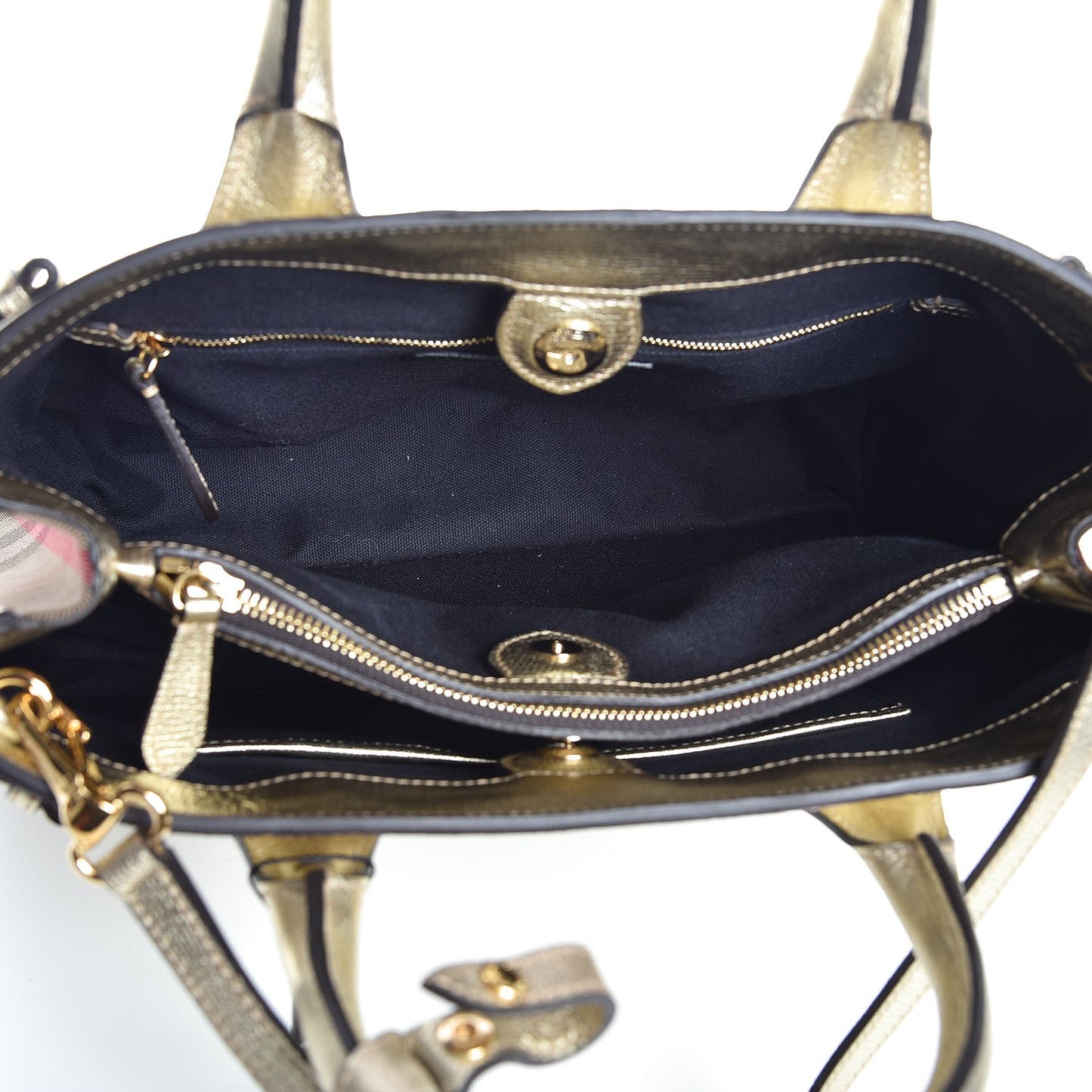 Metallic Grainy Calfskin House Check Medium Banner Tote Gold
