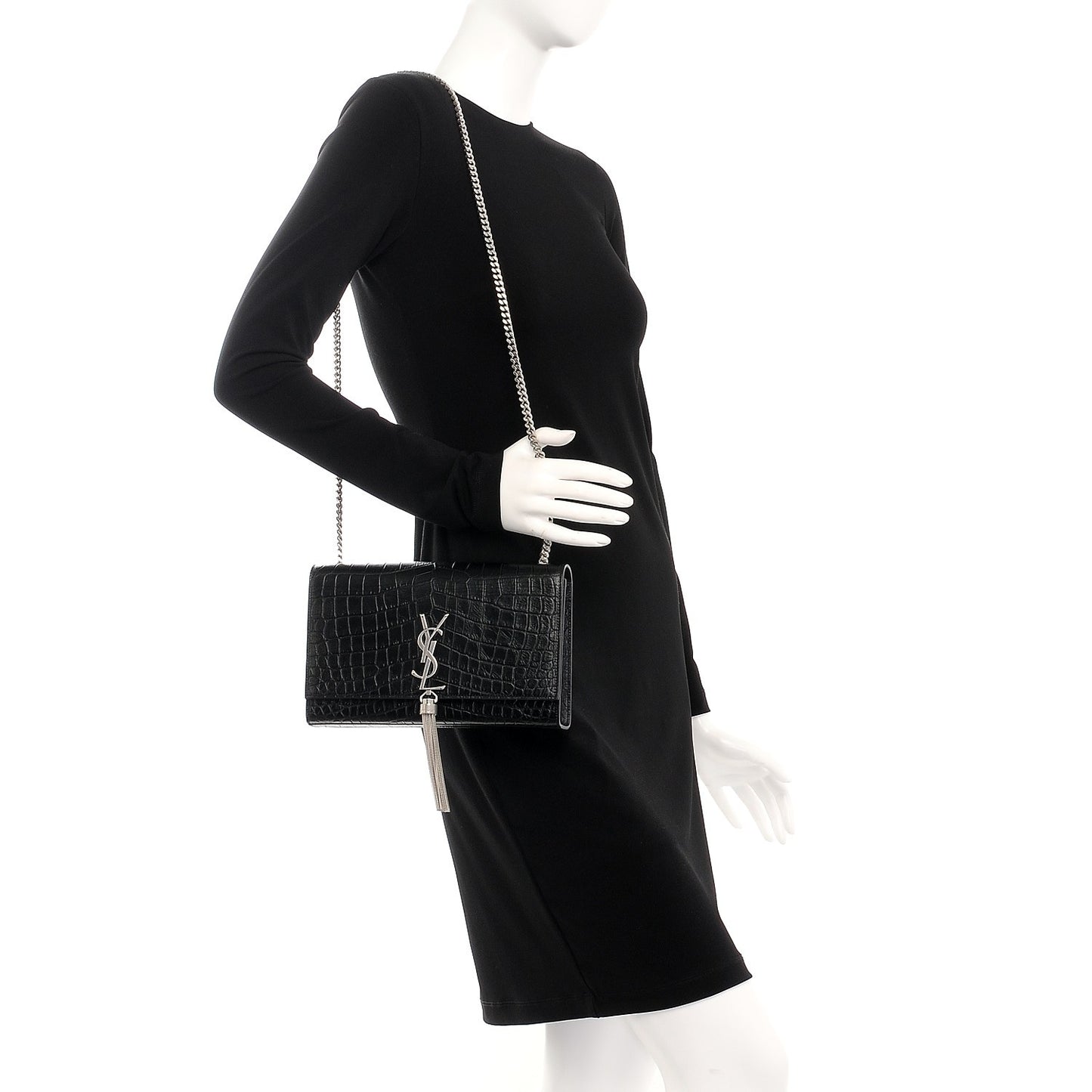 Calfskin Crocodile Embossed Medium Classic Monogram Kate Tassel Satchel Black