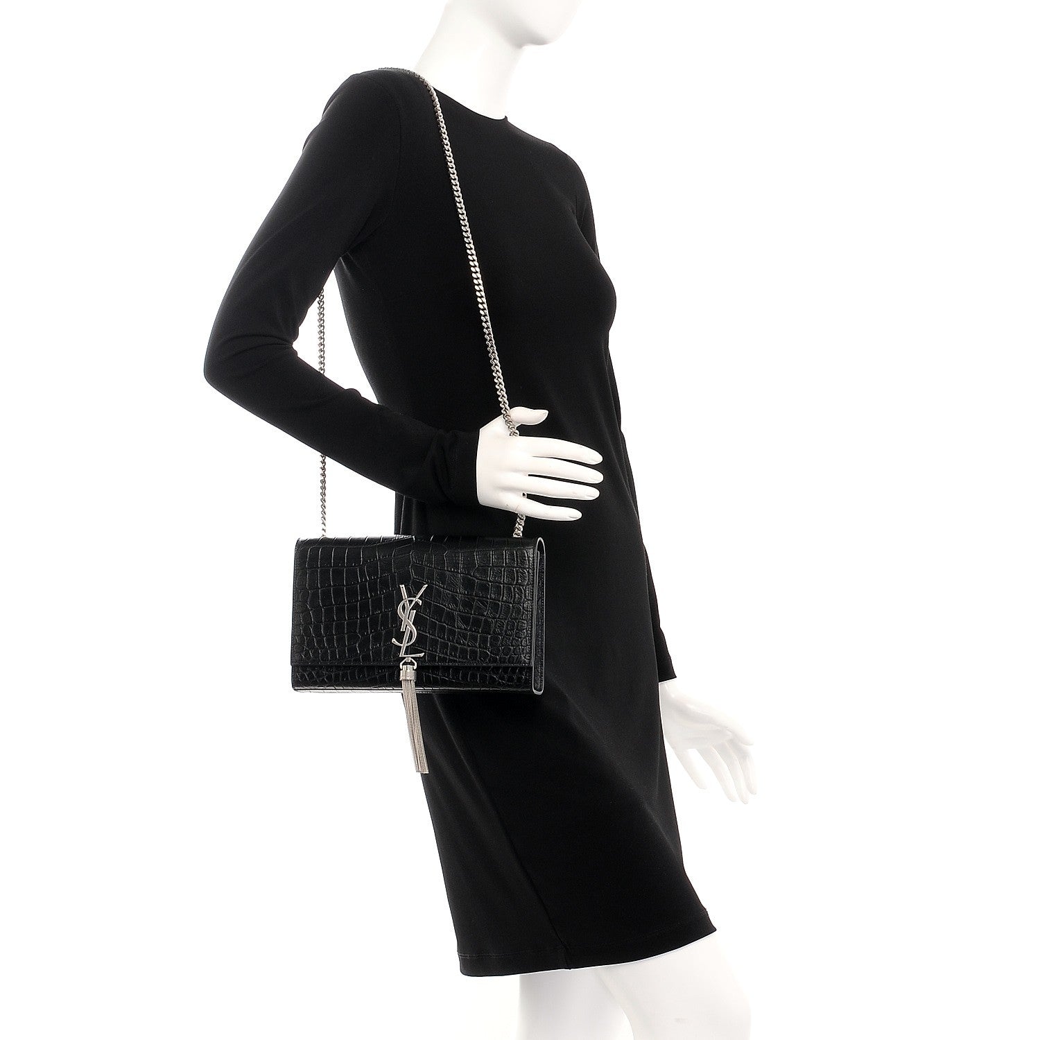Saint Laurent Calfskin Crocodile Embossed Medium Classic Monogram Kate Tassel Satchel Black 2 of 6