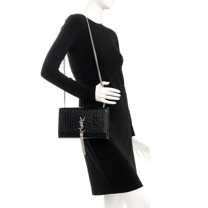 Saint Laurent Calfskin Crocodile Embossed Medium Classic Monogram Kate Tassel Satchel Black 2 of 6