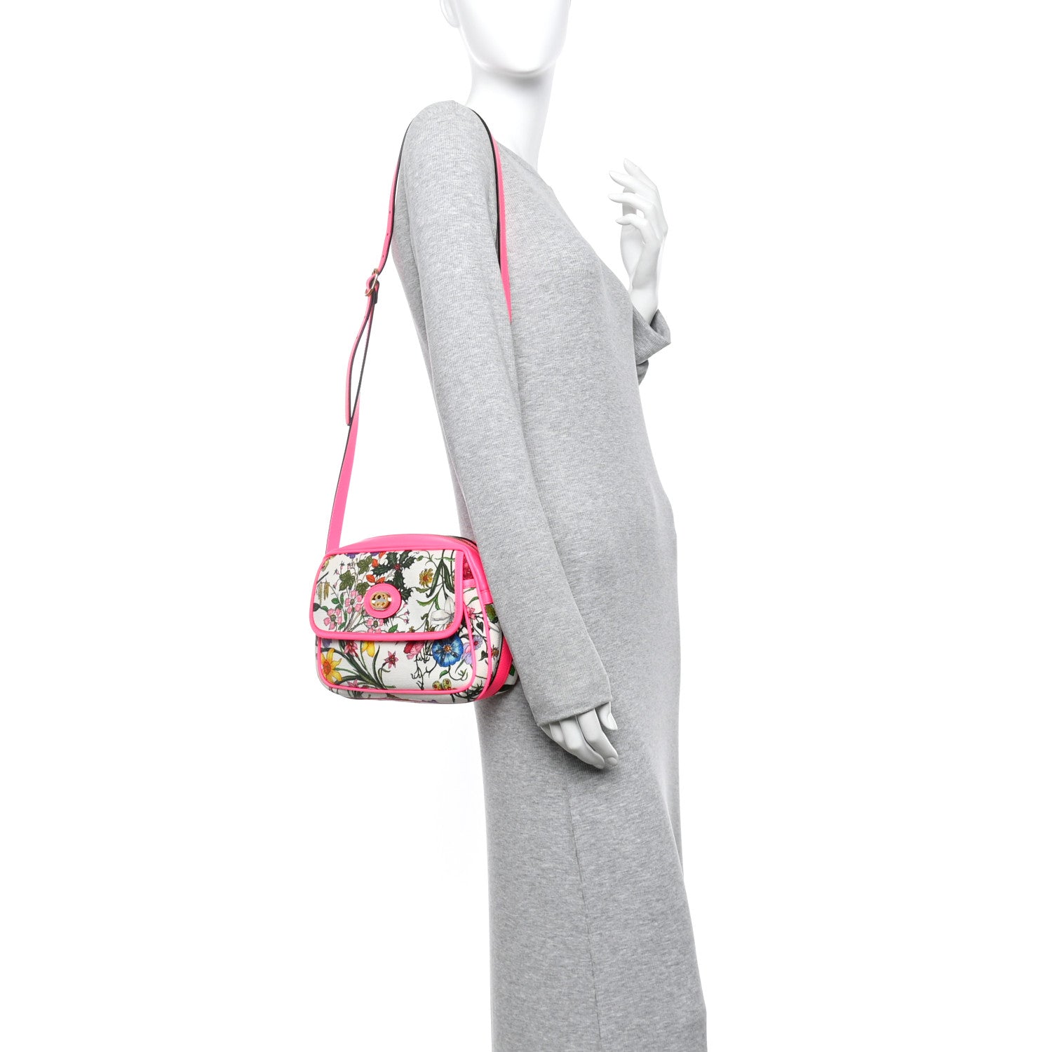 Gucci Canvas Flora Floral Shoulder Bag White Fuchsia Fluo 3 of 46